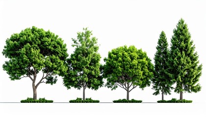 Fototapeta premium Variety of Green Trees on White Background, Isolated, Nature, Landscape