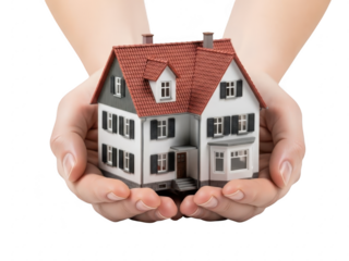 Hands cradling a white house with red roof isolated on transparent background