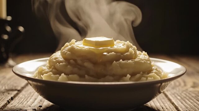 Creamy Potato Mash: Steaming, luscious potato mash topped with a pat of melting butter, served in a rustic bowl. The image exudes comfort and warmth, perfect for any culinary project. 