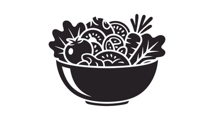 A black and white illustration of a bowl filled with fresh salad ingredients