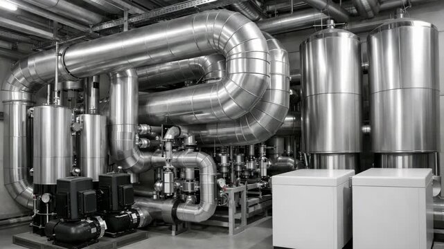 Industrial mechanical room with stainless pipes tanks and pumps