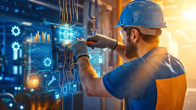 Male Electrician Repairing Control Panel Wires with Screwdriver Guided by Cyan Holographic Augmented Reality Data and Performance Graphs