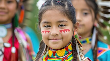 Fototapeta premium Young Indigenous Girl Smiling with Colorful Face Paint and Traditional Attire at Cultural Gathering