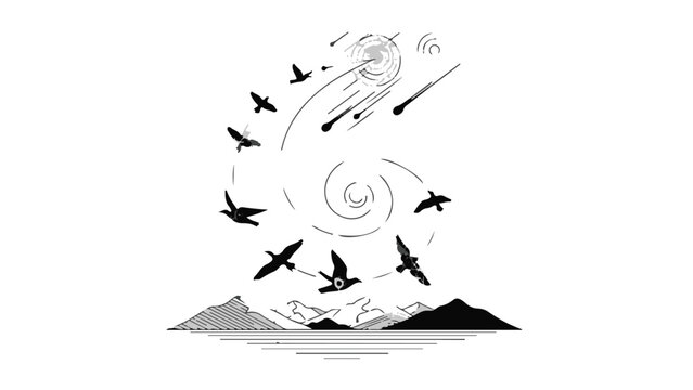 Flock of birds descends from the sky towards a mountainous landscape, symbolizing change or a celestial event.