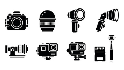 Diverse camera equipment icons in black silhouette style for photography enthusiasts