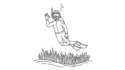 Obraz premium Linear drawing of snorkeler underwater with seaweed