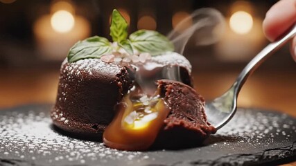 Close up of chocolate dessert with fork on plate illuminated by soft light
