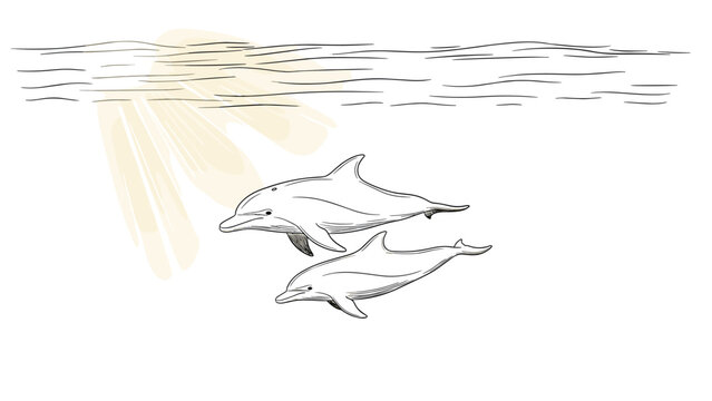 Elegant line art of dolphins swimming under sunlit ocean waves