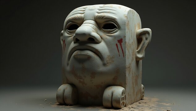 Ancient stone idol with weathered texture and mysterious red markings, featuring a stoic face and primitive wheels.