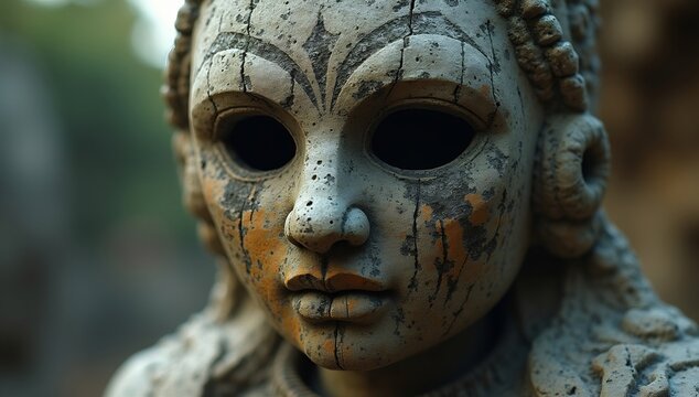 Ancient stone idol with weathered texture and mysterious markings, close-animated movie of face