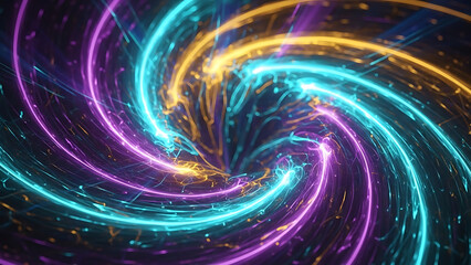 Vibrant abstract light trails swirling in a dynamic cosmic vortex, creating a mesmerizing display of glowing energy and digital motion effects