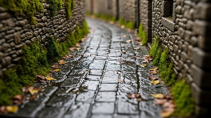 A wet, mossy cobblestone alleyway curves between ancient stone walls on a rainy day.