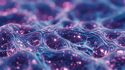 Abstract flowing purple and blue light patterns resembling a microscopic view of cells or fluid dynamics, with glowing particles