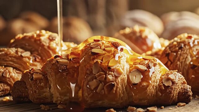 Close up of golden croissants topped with almonds and flowing liquid
