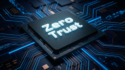 Technology security concept illustrating strict zero trust network access protocols on computer chip board processor for safe data protection