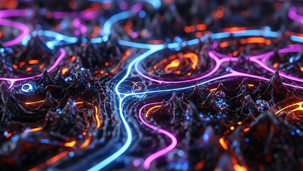 Dynamic Digital Landscape with Luminous Winding Paths Over a Craggy Surface, Symbolizing Interconnected Data Flow and Futuristic Technology