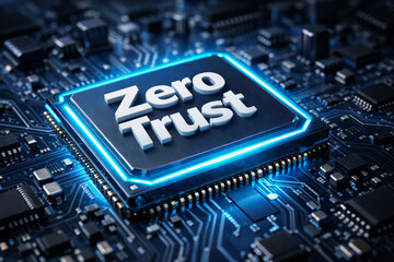 Blue digital processor chip shows powerful zero trust security concept with modern technology circuit board protection against online cyber
