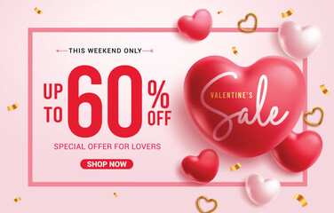 Valentine's day sale clipart banner. Valentine's day promotion discount banner with 60% off special offer for lovers shopping promo clip art with heart shape balloons template vector illustration.
