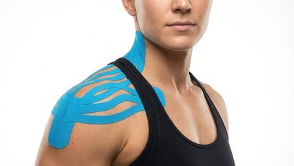 Athlete shoulder with blue kinesiology tape for muscle recovery isolated on white background