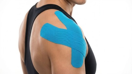 Athlete shoulder with blue kinesiology tape for muscle recovery isolated on white background