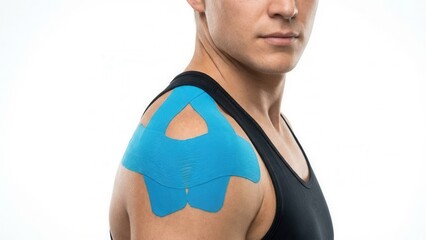 Athlete shoulder with blue kinesiology tape for muscle recovery isolated on white background