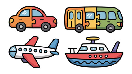 Puzzle Transport: A delightful illustration showcases an array of vehicles assembled in a puzzle format, stimulating imagination and creativity © Abdul