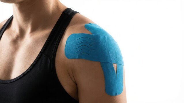 Athlete shoulder with blue kinesiology tape for muscle recovery isolated on white background