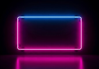 A vibrant magenta pink and blue neon blank rectangular frame glows brightly against a dark wall offering ample copy space for design or message, message, modern, wall