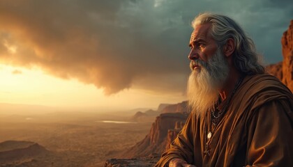 Elderly man with long white beard looks at sunset over desert landscape. Wears ancient robes, jewelry, contemplating journey. Gaze directed towards horizon, perhaps faith destiny.