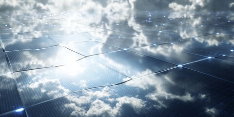A close-up of a solar panel surface reflecting clouds and sunlight, clean technology theme.