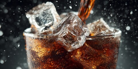 A close-up of ice cubes dropping into a glass of soda, refreshing beverage commercial style.