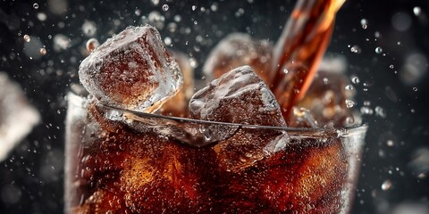 A close-up of ice cubes dropping into a glass of soda, refreshing beverage commercial style.