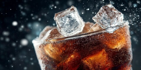 A close-up of ice cubes dropping into a glass of soda, refreshing beverage commercial style.