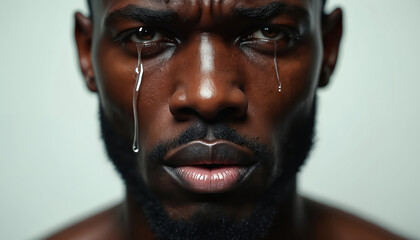 Black man face closeup with tears running down. Male cries with sad expression. Emotion of pain, sorrow shown on his face. Suffering, despair evident in eyes, mouth. Raw vulnerability, heartbreak.