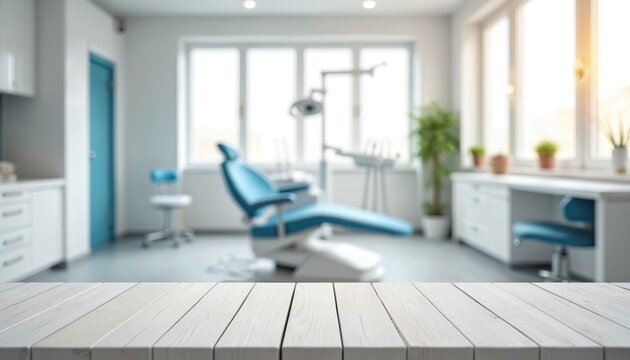 Empty white wooden table foreground with bright dental office background. Includes patient chair, dentist tools, windows, and plants. Clean, modern medical space.