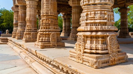 Intricate Stone Pillars and Carved Base of Historic Temple Structure under Bright Sunlight