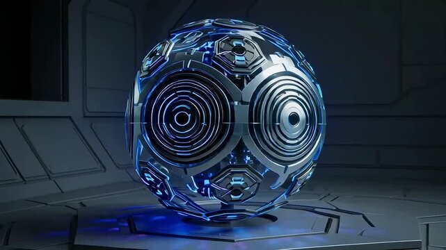 Futuristic blue metallic orb with concentric circles on a sleek stand