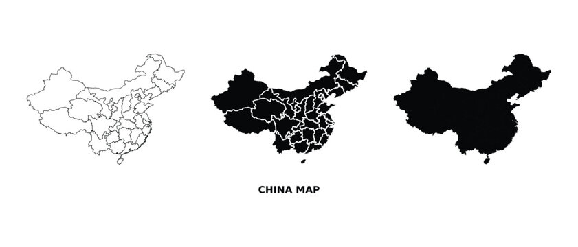 China map vector set with administrative regions in black and white, political country outline illustration
