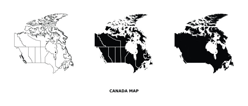 Canada map vector set with administrative regions in black and white, detailed country outline illustration