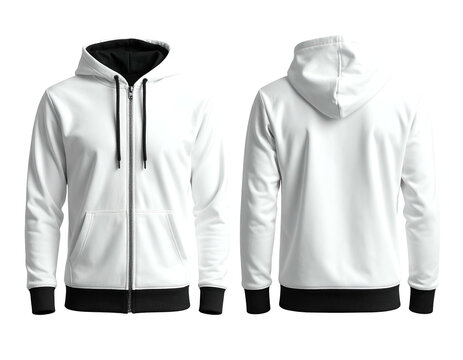 White zip-up hoodie with black lining, front and back