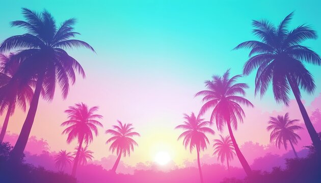 Silhouettes of palm trees against a vibrant pastel sunset sky in tropical paradise. Rich foliage and exotic island scene with soft light and gradient colors. - Powered by Adobe