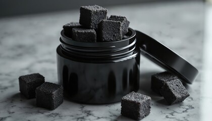 Black shilajit gummies are in a modern jar. Shilajit resin cubes for health, wellness, and energy. Natural supplement for vitality. Shilajit food.