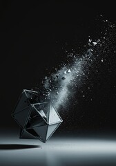 Geometric structure collapsing into scattered dust particles against a minimalist void, symbolizing increasing physical disorder and ultimate decay, randomness, broken, thermodynamic