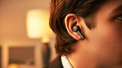 A close-up of a man's ear with wireless earbuds, set in a cozy indoor environment, highlighting modern audio technology and a stylish appearance.
