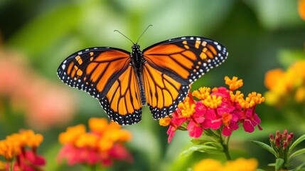 Naklejka premium Monarch butterfly resting on vibrant flowers in a garden