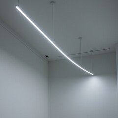 Minimalist suspended linear light fixture hanging from a ceiling in a modern white architectural indoor space, utility, light, minimal