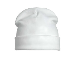 A plain white knit beanie, cuffed and slouchy