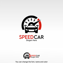 Speed Car Logo Template Design Vector. A car combined with a speedometer symbolizing vehicle speed, performance monitoring, and automotive technology.