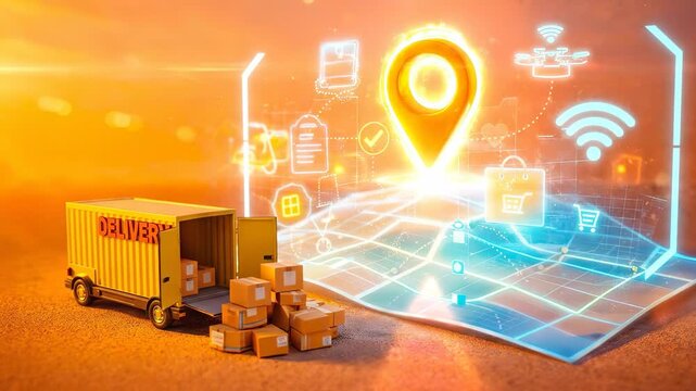 Yellow Delivery Truck Unloading Cardboard Boxes Near Holographic City Map With Orange Location Pin And E-commerce Data In Sunset Lighting