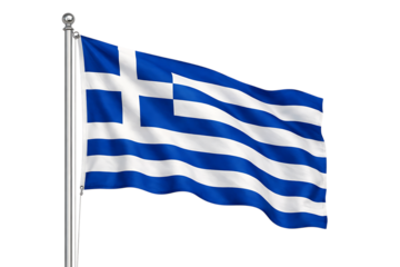 Greek Flag on Flagpole Isolated on White Background